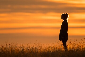 A silhouette of a person stands in a grassy field at sunset, facing right, as a bright orange sky fills the background.