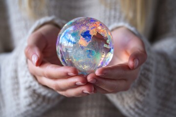A person gently holds a small glass globe with a colorful map inside, both hands cupping it as it slowly turns.