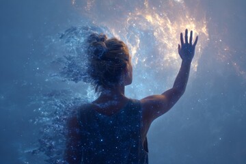 An underwater scene shows a woman from behind with her right arm raised toward a bright glow as starry particles surround her.