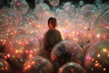 A woman sits among many transparent glowing spheres filled with multicolored lights, posing calmly as light orbs surround her in a vivid art installation.