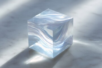 abstract still life, a still life with minimal lens distortion, showing a warped reflection of a white cube in curved glass, on a light gray marble surface with soft lighting
