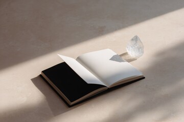 minimalist still life, simple still life with open journal, half blackhalf white page, crystal, neutral surface, soft light from above