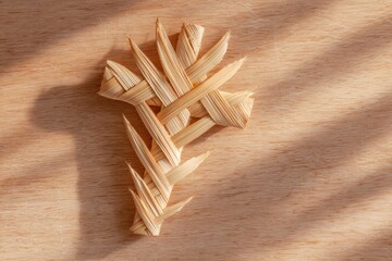 religious still life, religious still life with woven palm cross on light wood, soft natural glow, ample copy space, simple and minimal