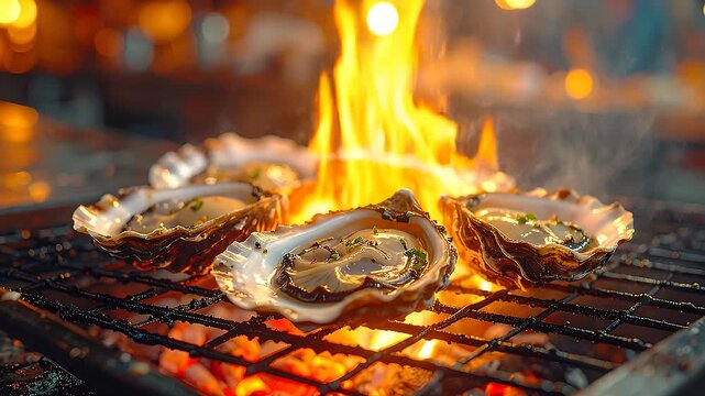 炎が立ち上る網の上で牡蠣を焼く迫力ある調理シーンを捉えた一枚