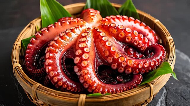 籠に盛られた生のタコ足が海産物としての力強さを伝える静物