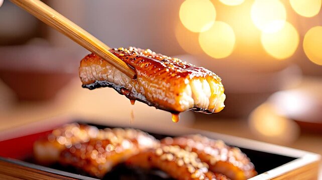 香ばしく焼かれたうなぎを箸で持ち上げる和食の贅沢な瞬間