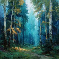 Obraz premium A picturesque forest landscape in cool turquoise and emerald tones. 