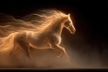 Fototapeta premium A striking artistic depiction of a running horse, formed from glowing particles and fiery golden light. 