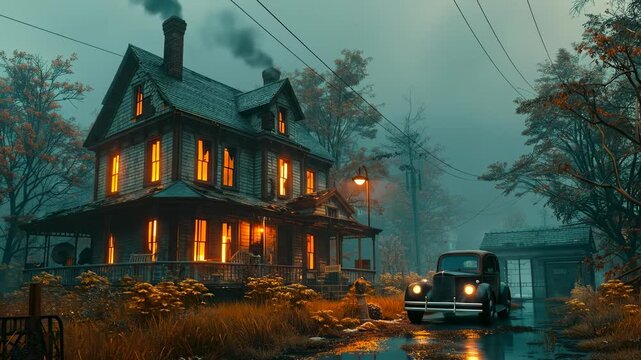 Old house with lights on a rainy evening. A vintage car is parked near an old house with glowing windows during a rainy evening. Orange leaves surround the area.