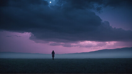 Fototapeta premium Silhueta de mulher solitária num campo ao entardecer sob céu dramático e lua cheia. Estética surreal em tons de roxo e azul.