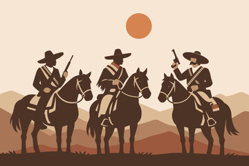 Naklejka premium Three Mexican revolutionaries on horseback with rifles and pistols