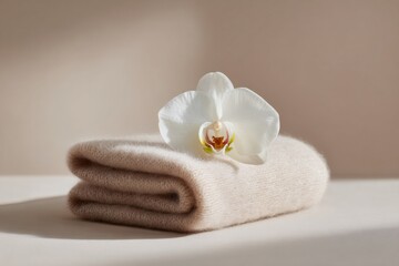 neutral luxury decor, subtle, elegant flat lay featuring folded cashmere throw, travertine coaster, white orchid, on soft beige background, with gentle light