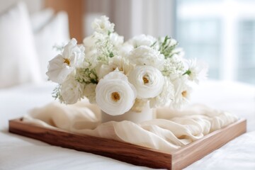 minimalistic home decor, sophisticated setup featuring an ivory silk scarf, delicate gold detail, and a light wood tray, with ample negative space