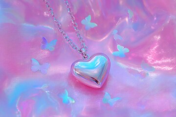 yk fashion aesthetics, yk chrome flat lay with oversized reflective pendant on pink vinyl, holographic butterflies, and soft cyan-pink glow large negative space on sides