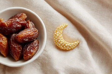 eid mubarak celebration, eid mubarak flat lay features gold crescent ornament, dates in white bowl beige linen background, with soft light