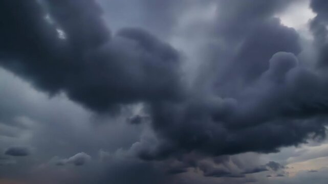 Dark grey storm clouds rolling in sky. Dramatic moody weather background.