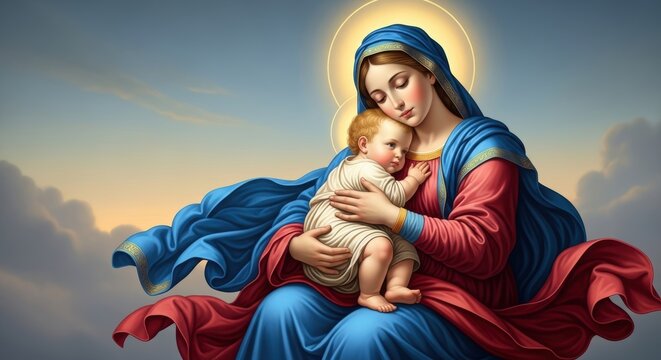 Virgin Mary and Baby Jesus with Golden Halo, Renaissance Inspired Religious Painting with Copy Space