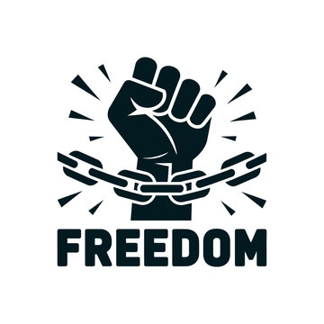 A powerful symbol of freedom and liberation with a raised fist breaking free from chains.