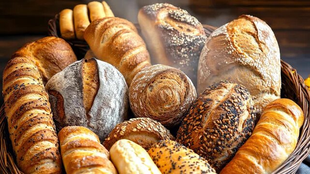 Warm morning bread basket. Different types of bread are placed in a basket. Steam rises as the bread stays warm. It is morning time.
