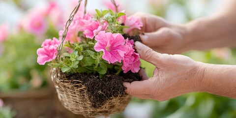 Person is holding a pink flower in a basket