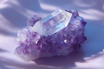 crystal healing setup, flat lay of crystal healing setup with clear quartz point and amethyst cluster on a lavender background, bathed in soft morning light