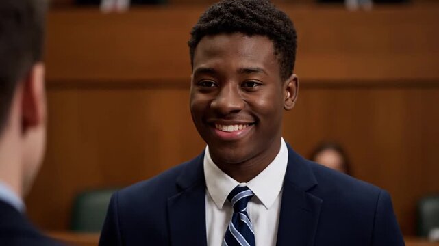 Young Man Smiling in Courtroom Setting.