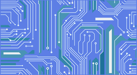 Blue digital circuit board background with white motherboard traces and geometric patterns for technology hardware engineering cyber security and computing concepts