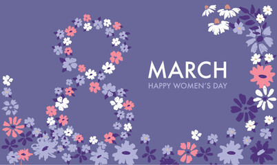 8 March. Women day violet background with frame flowers.	
