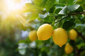 Sunny lemons hanging from lush green branch in bright sunlight
