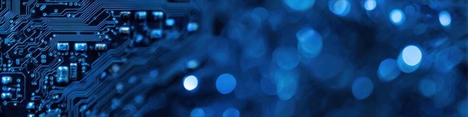 Close-up of blue circuit board with blurred lights