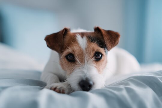 Adorable jack russell terrier relaxing on blue bedspread