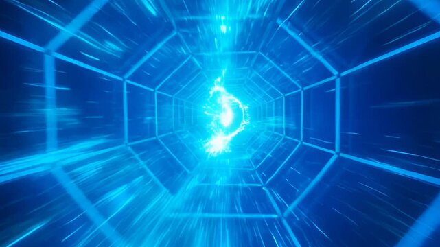 Abstract 3D motion graphic of a glowing data stream in a blue neon tunnel representing fast data transfer security and high-speed encrypted information, 4K.