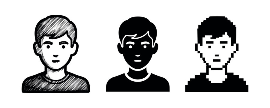 Different artistic styles of male faces: sketch, silhouette, pixel art