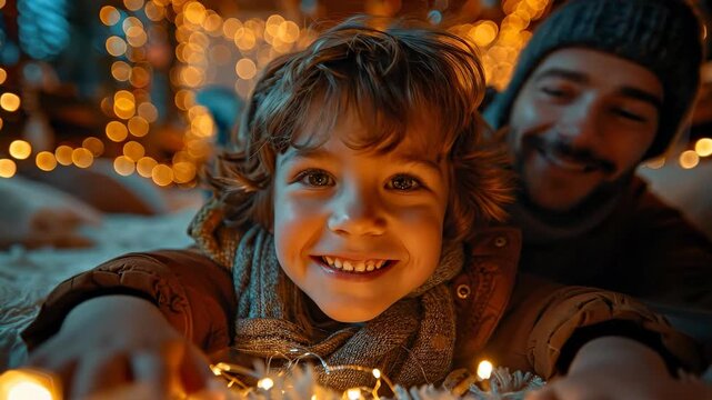 Boy and man enjoying lights. A boy smiles while playing with string lights next to a man indoors during a festive season at night.