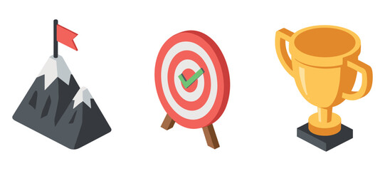 Naklejka premium Achievement icons: mountain summit, bullseye target, gold trophy