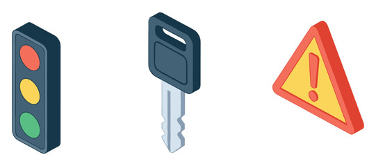 Obraz premium Traffic light, key, and warning sign icons on white background