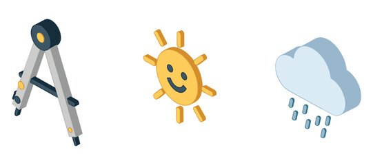 Naklejka premium Compass, smiling sun, and rain cloud icons on white background