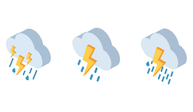 Isometric weather icons: rain and lightning storms with clouds