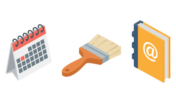 Isometric calendar, paintbrush, and address book icons on white background