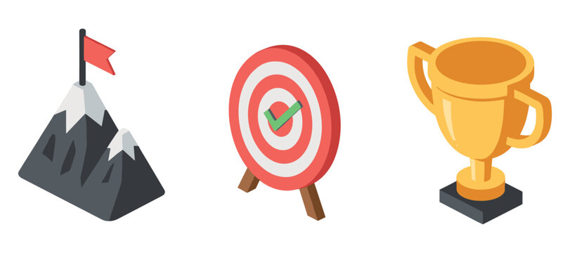 Achievement icons: mountain summit, bullseye target, gold trophy