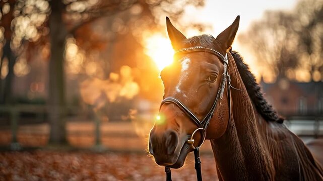Horse stands in autumn light at sunset. A horse is tied in a stable as the sun sets behind trees. The scene shows warm colors of autumn leaves.
