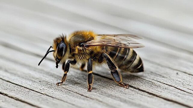 Close-up of a bee on wooden surface, showcasing intricate details.