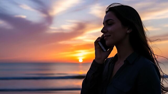 A silhouette of a woman on the beach talking on the phone at sunset.
