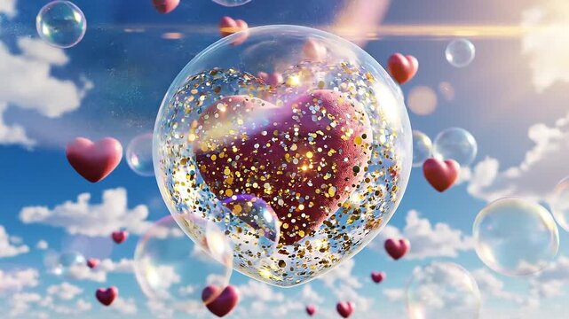 Love heart symbol bubbles float into the sky with light pink and blue clouds for a romantic Valentine's Day illustration
