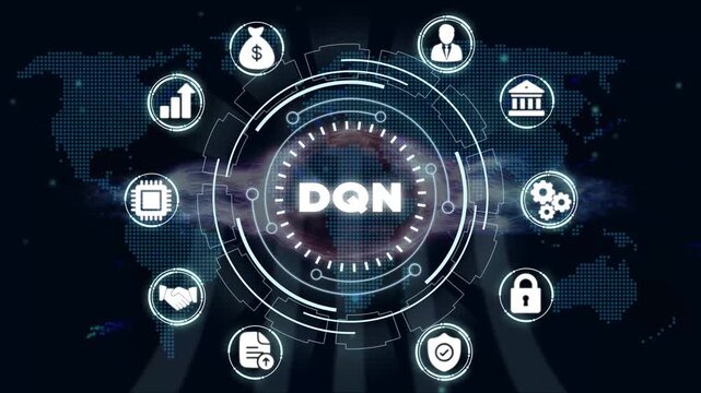 D Q N Concept Futuristic Interface with Representing Finance Technology and Security on a Global Digital Map Background