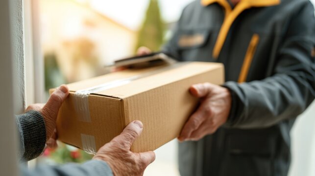 A delivery person hands a cardboard box to a customer at their doorstep
