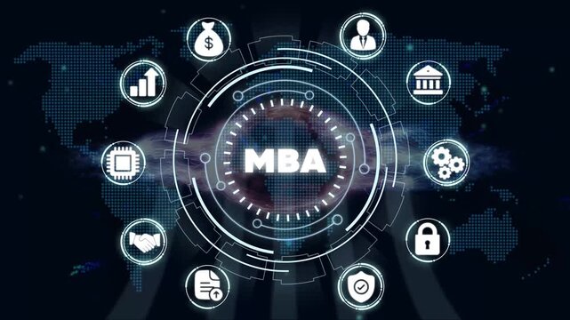 Master Business Administration M B A Concept with Infographic and on Dark Background with Map finance