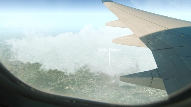 Airplane Over City Paris, France, View From Airplane Flying Through the Clouds Over the City, Airplane low looking out the city skyline from the airplane window