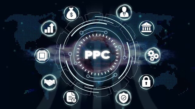 Pay Per Click P C Advertising Strategy Digital Marketing Concept with and Map Background for Business Finance and Technology