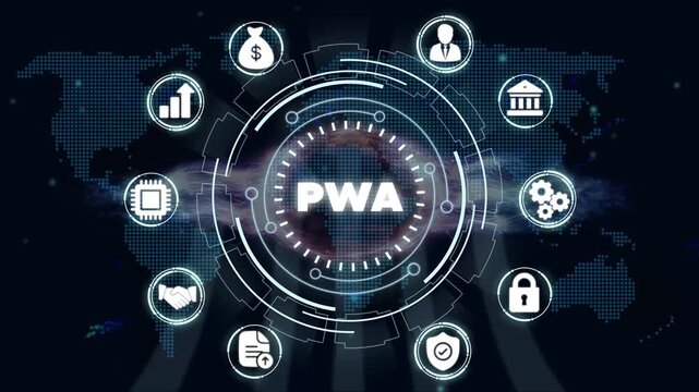 Progressive Web App P W A Technology Concept with and Map Background for Business Finance and Security Applications